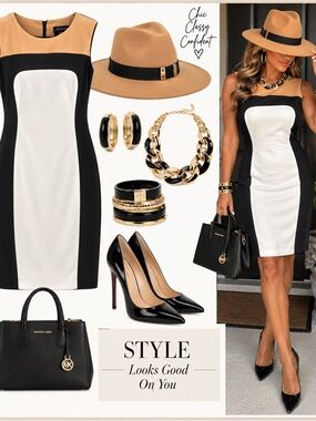 Andrew Marc Black, White & Camel Colorblock Midi Dress